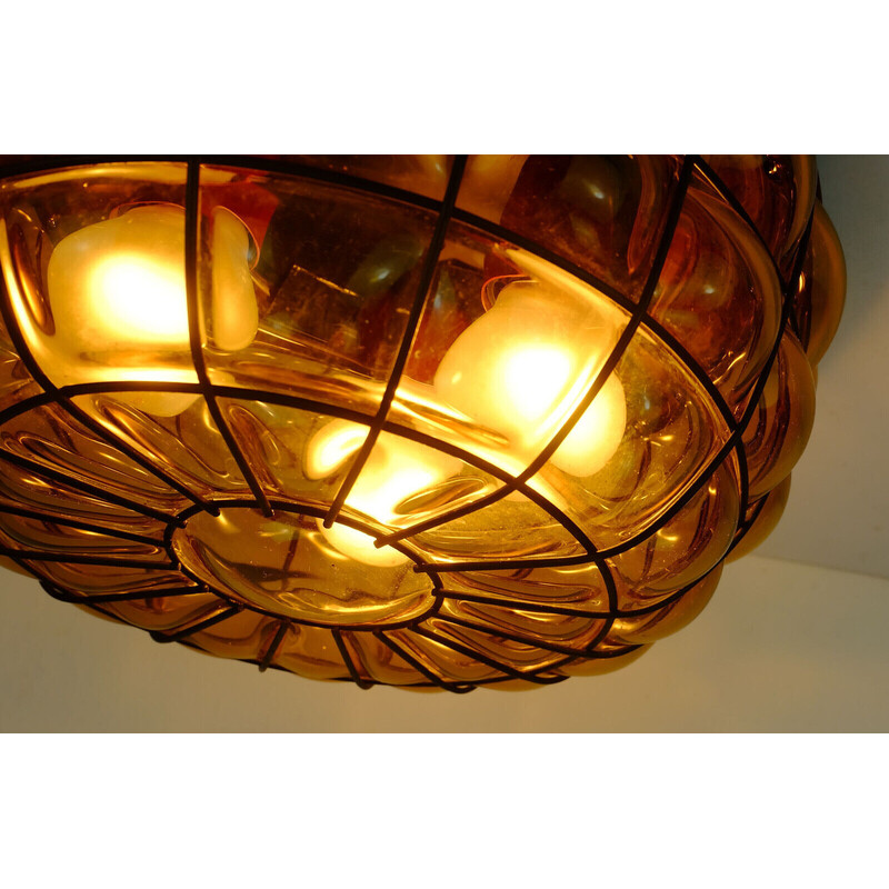 Lampada da soffitto vintage in vetro ambrato e metallo, anni '70
