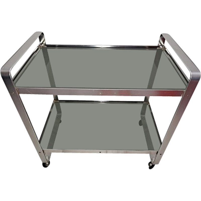 Vintage italian steel and smoked glass serving trolley, 1970s