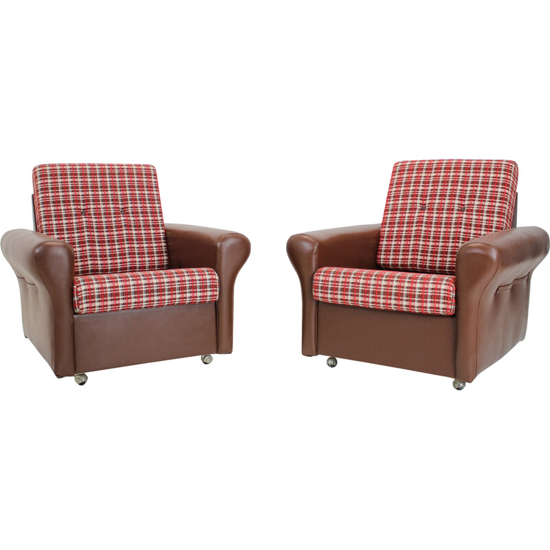 Pair of mid-century fabric and leatherette armchairs, Czechoslovakia 1960s