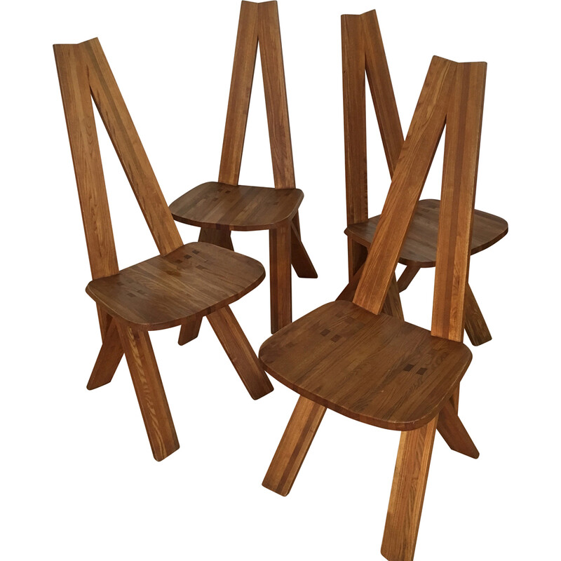 Conjunto de 4 cadeiras de olmo maciço S 45 A, de Pierre Chapo, 1970