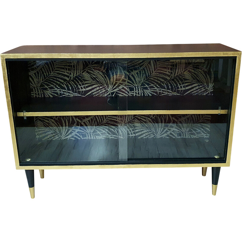 Vintage black and gold display cabinet, Poland 1970s