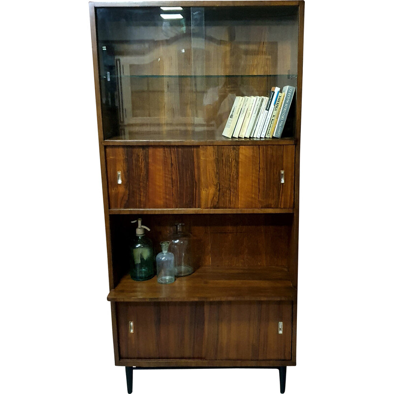 Vintage walnut bookcase with sliding doors, 1960s