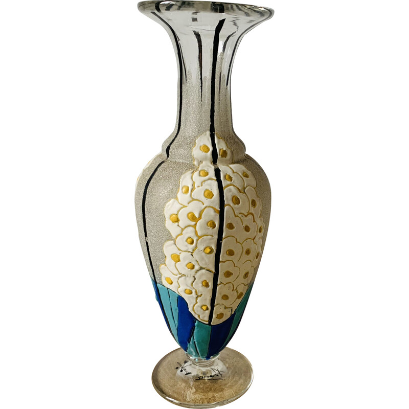 Vintage glass and enamel vase with flowers by Mazoyer, 1925