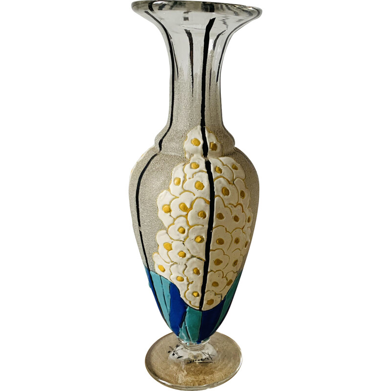 Vintage-Vase aus Glas und Emaille mit Blumendekor von Mazoyer, 1925