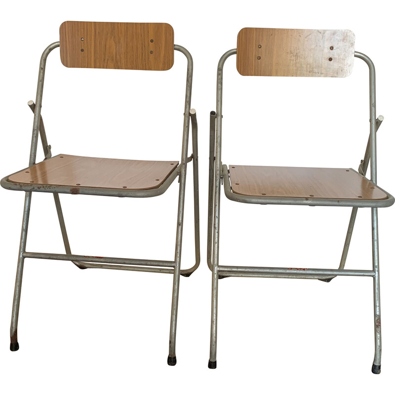 Pareja de sillas plegables alemanas de metal y madera de época, 1960-1970