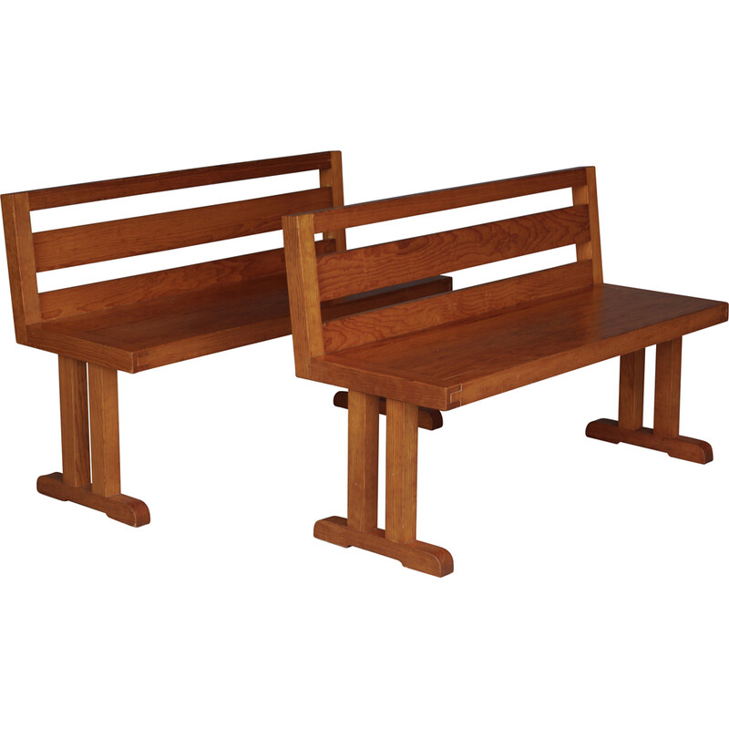 Pair of vintage scandinavian pine benches, 1970s