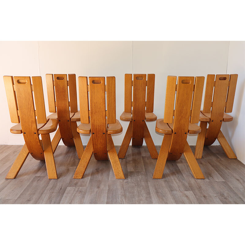 Lot de 6 chaises tripode vintage en chêne massif, 1970