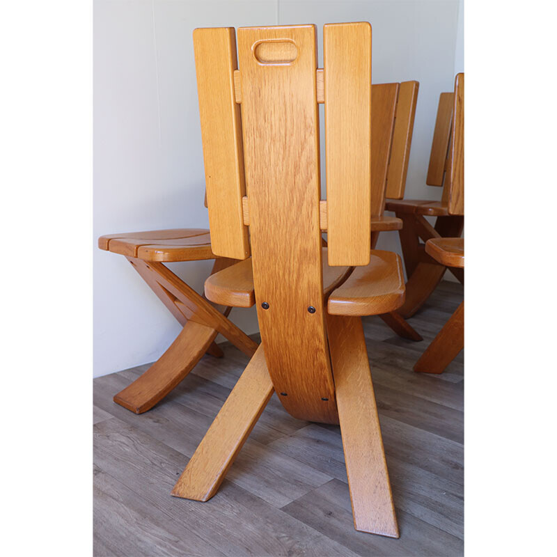 Set of 6 vintage solid oakwood tripod chairs, 1970