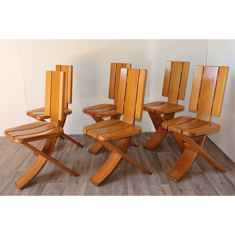 Set of 6 vintage solid oakwood tripod chairs, 1970