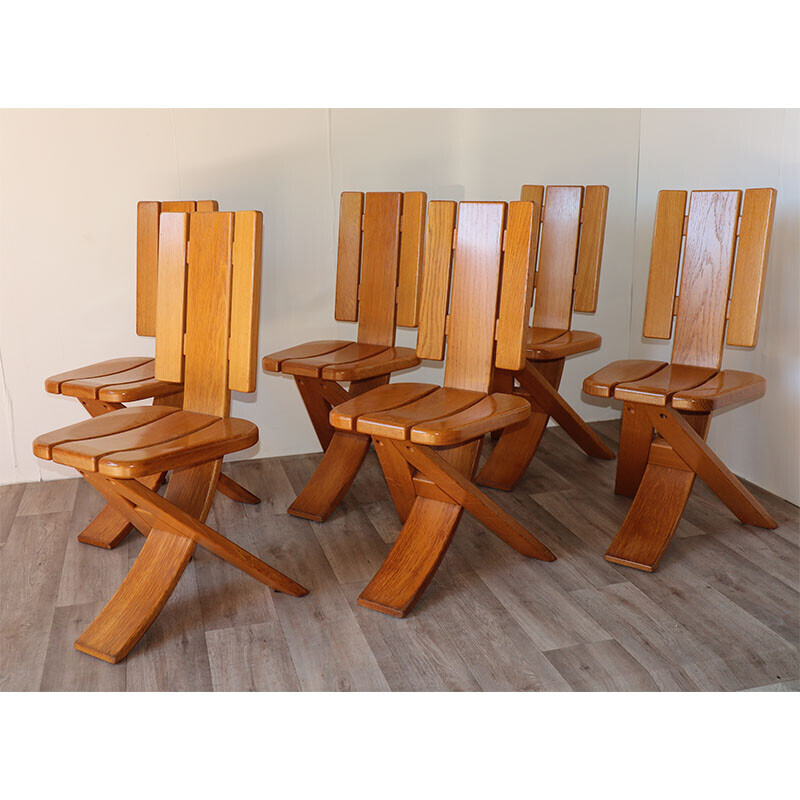 Set of 6 vintage solid oakwood tripod chairs, 1970