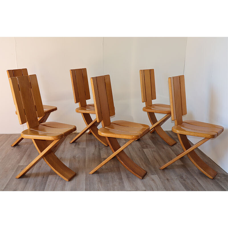 Lot de 6 chaises tripode vintage en chêne massif, 1970