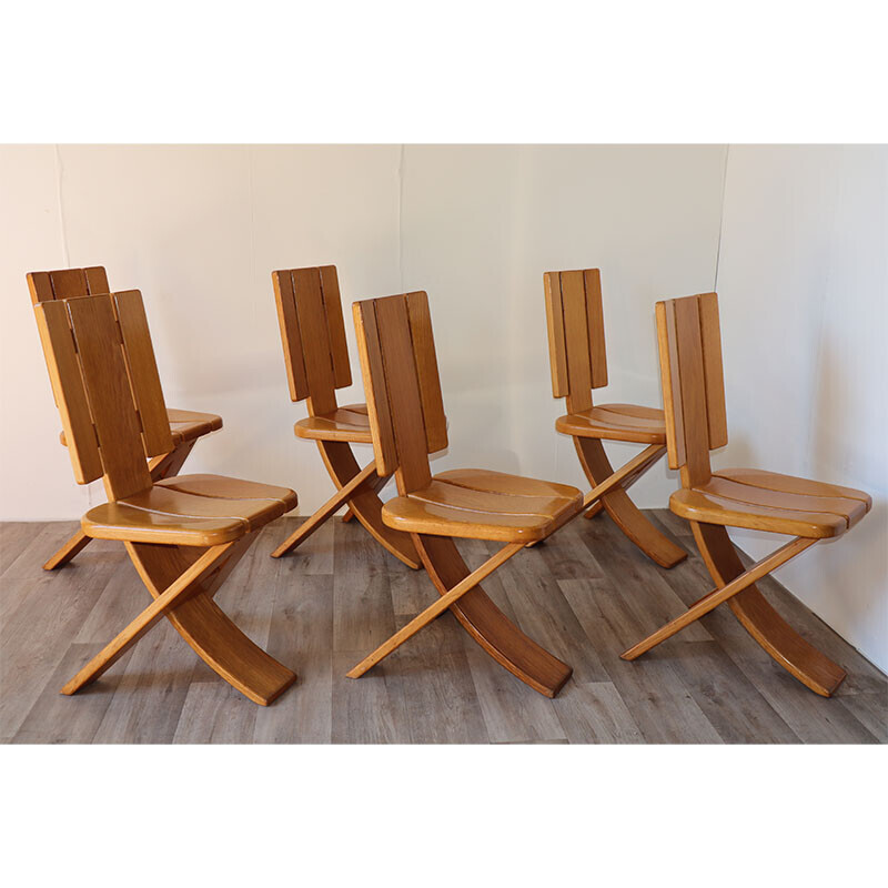 Conjunto de 6 cadeiras de tripé de carvalho maciço vintage, 1970