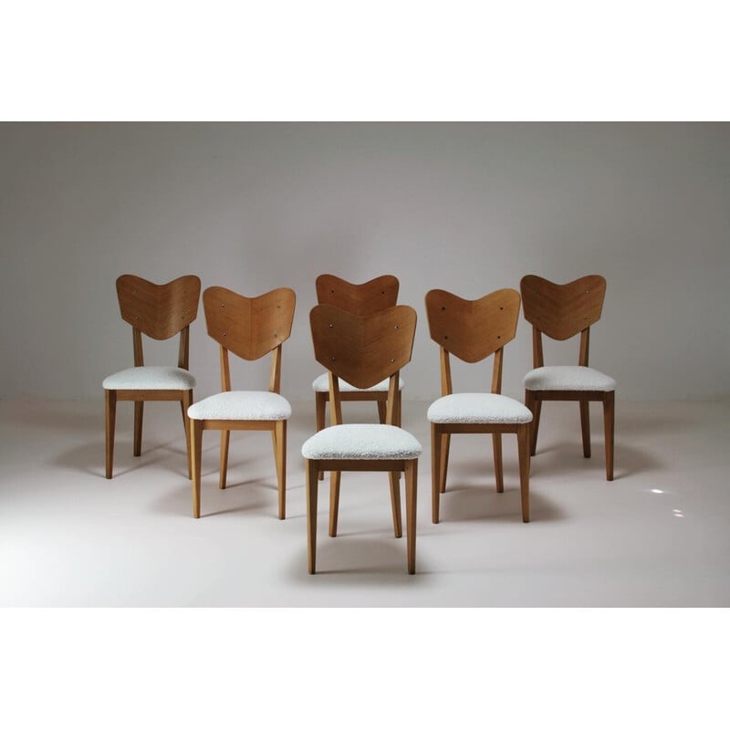 Lot de 6 chaises vintage modèle "cœur" par René-Jean Caillette, France 1950