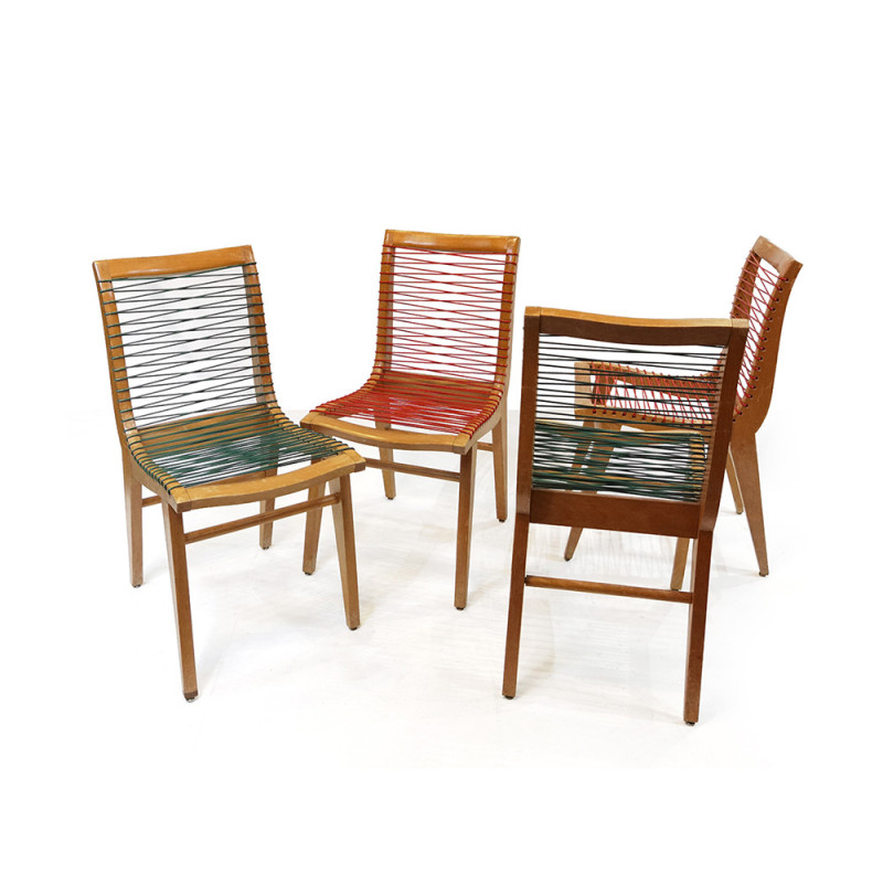 Set of 4 vintage beechwood chairs with red and green sadroplast wire by Louis Sognot