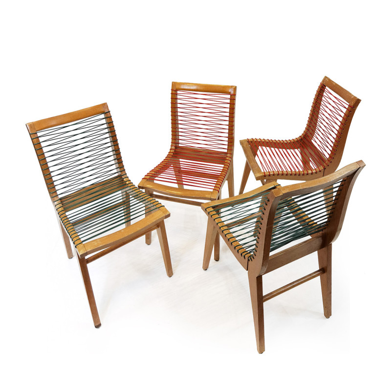 Set di 4 sedie vintage in faggio con filo di sadroplast rosso e verde di Louis Sognot
