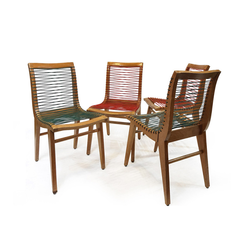 Set of 4 vintage beechwood chairs with red and green sadroplast wire by Louis Sognot