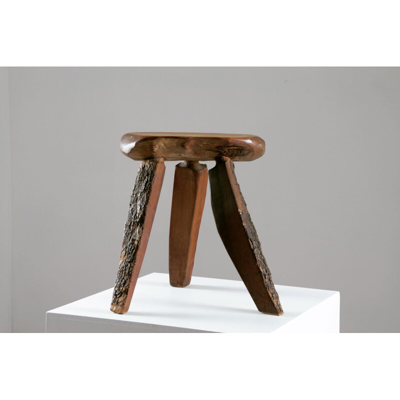 Vintage wooden tripod stool with veining, France 1950