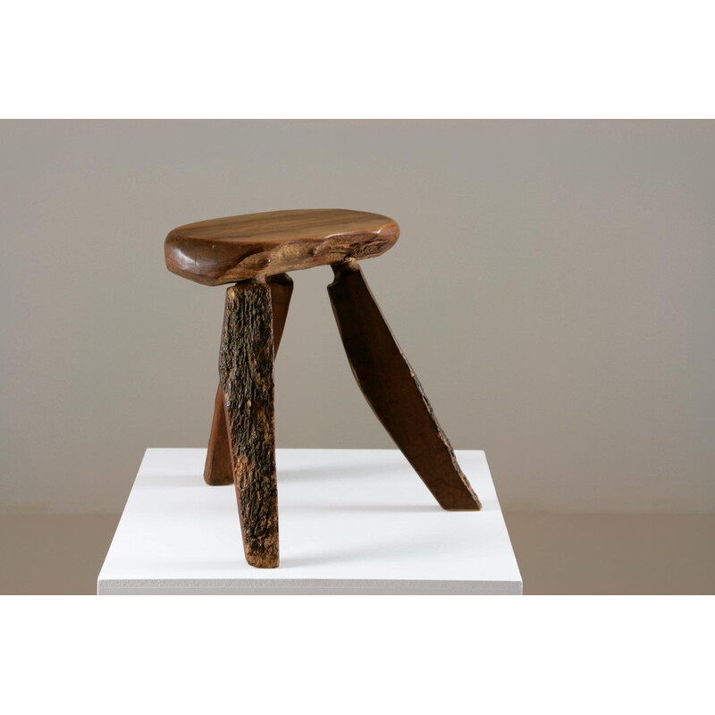 Vintage wooden tripod stool with veining, France 1950