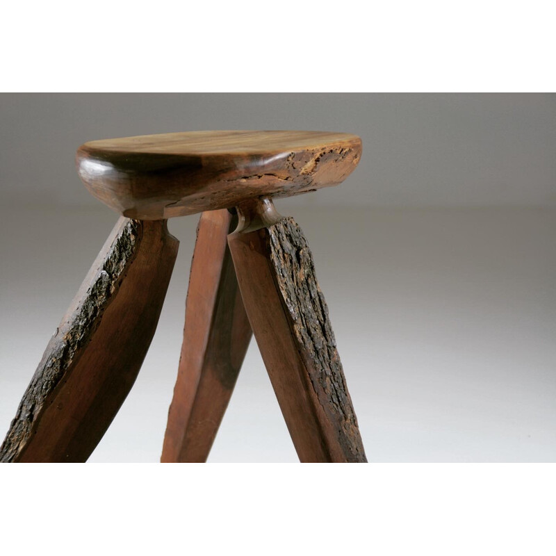 Vintage wooden tripod stool with veining, France 1950