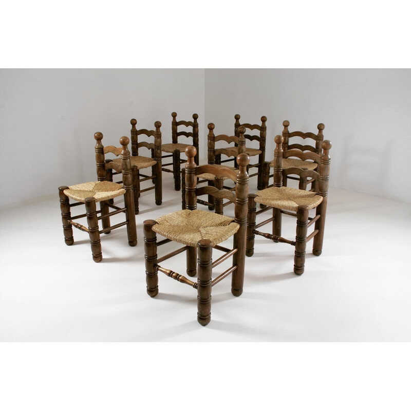 Conjunto de 8 cadeiras de madeira vintage e assentos de palha de Charles Dudouyt, França 1950