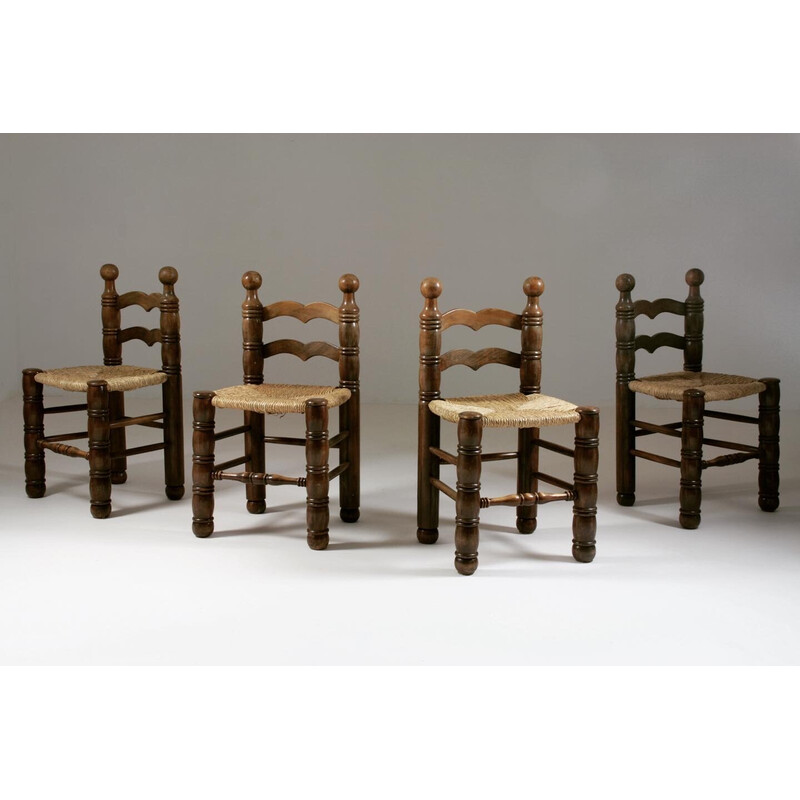 Set of 8 vintage wooden chairs and straw seats by Charles Dudouyt, France 1950