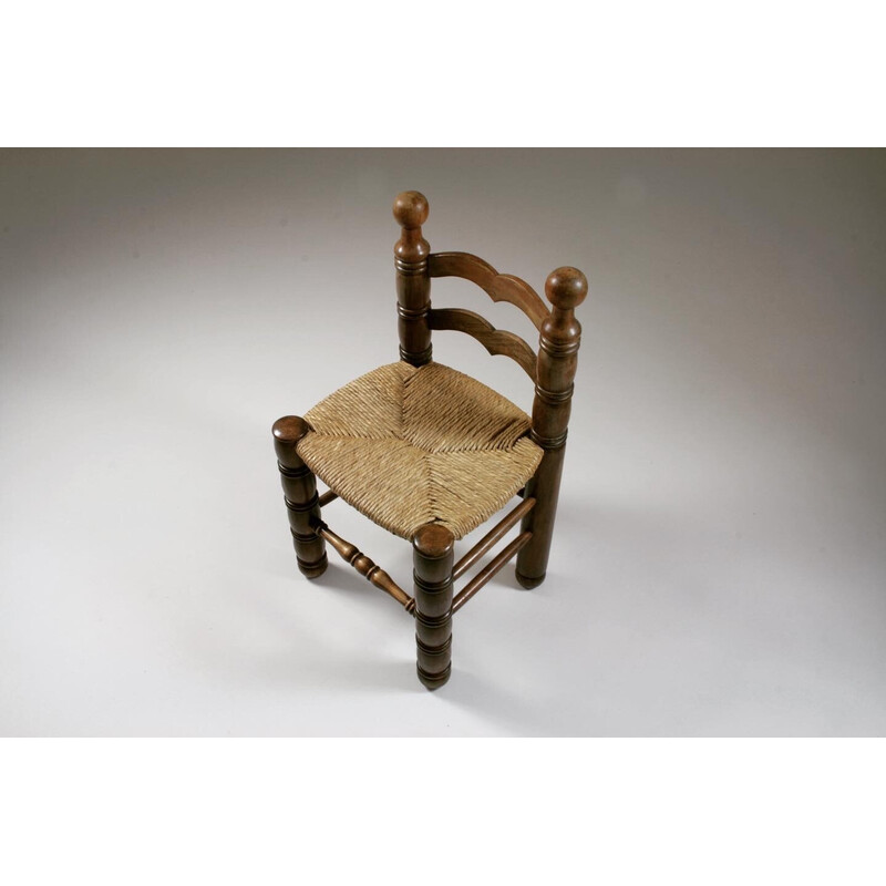 Set of 8 vintage wooden chairs and straw seats by Charles Dudouyt, France 1950