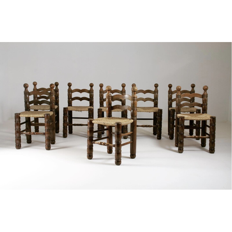 Set aus 8 Vintage-Holzstühlen und Sitzflächen aus Stroh von Charles Dudouyt, Frankreich 1950