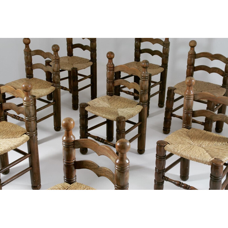 Conjunto de 8 cadeiras de madeira vintage e assentos de palha de Charles Dudouyt, França 1950