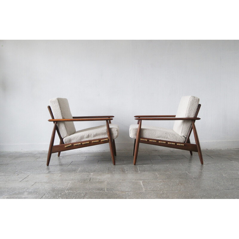 Paar vintage Deense teakhouten fauteuils met bekleding