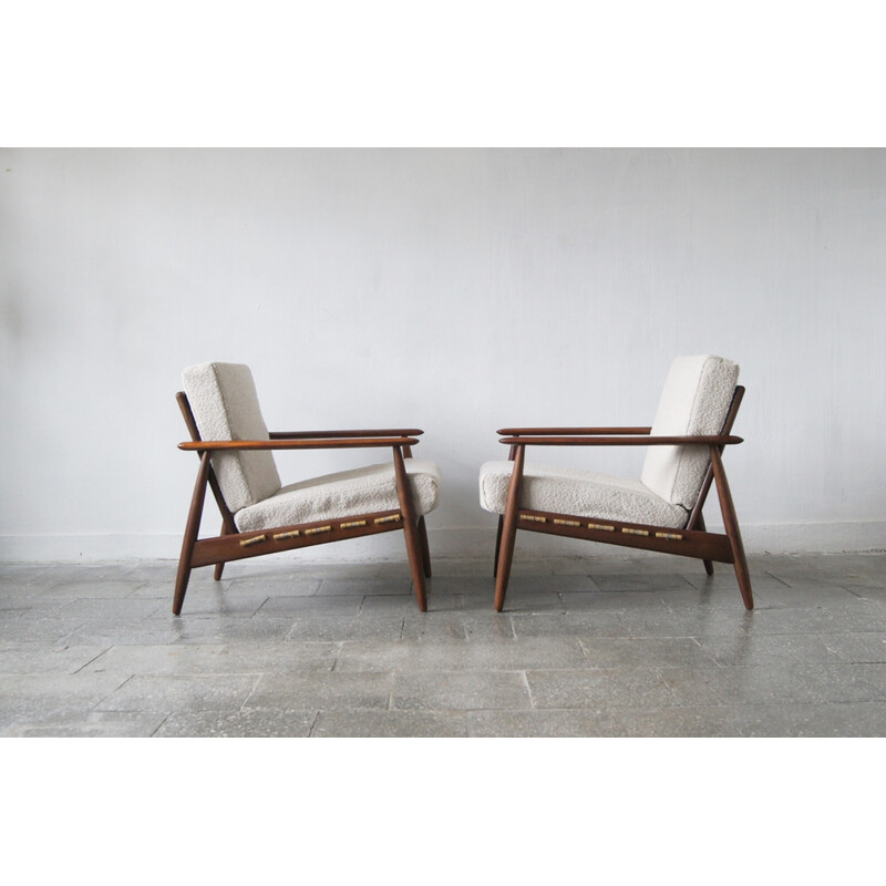 Pair of vintage Danish teak armchairs with upholstered