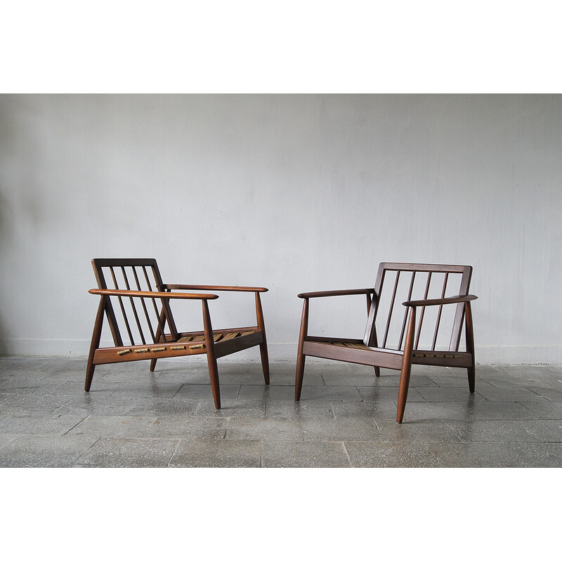 Paar vintage Deense teakhouten fauteuils met bekleding