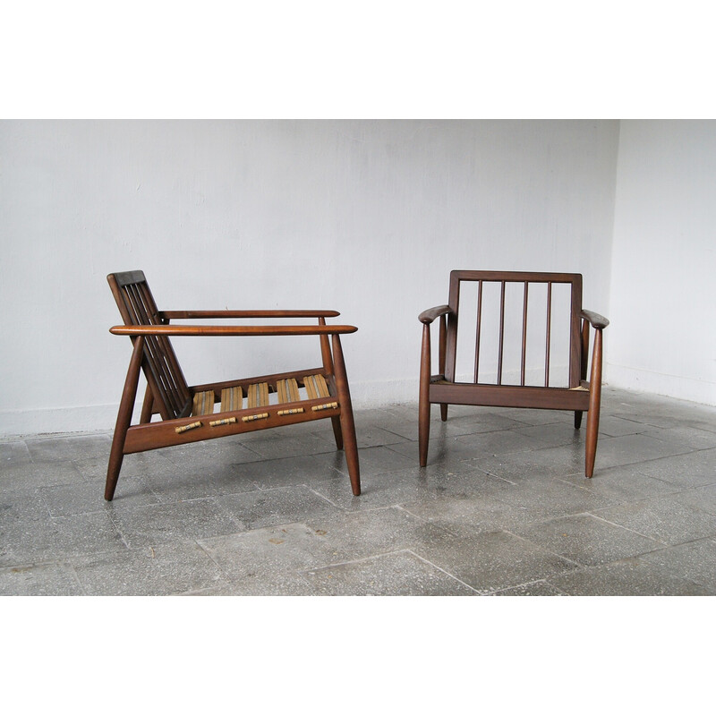 Pair of vintage Danish teak armchairs with upholstered