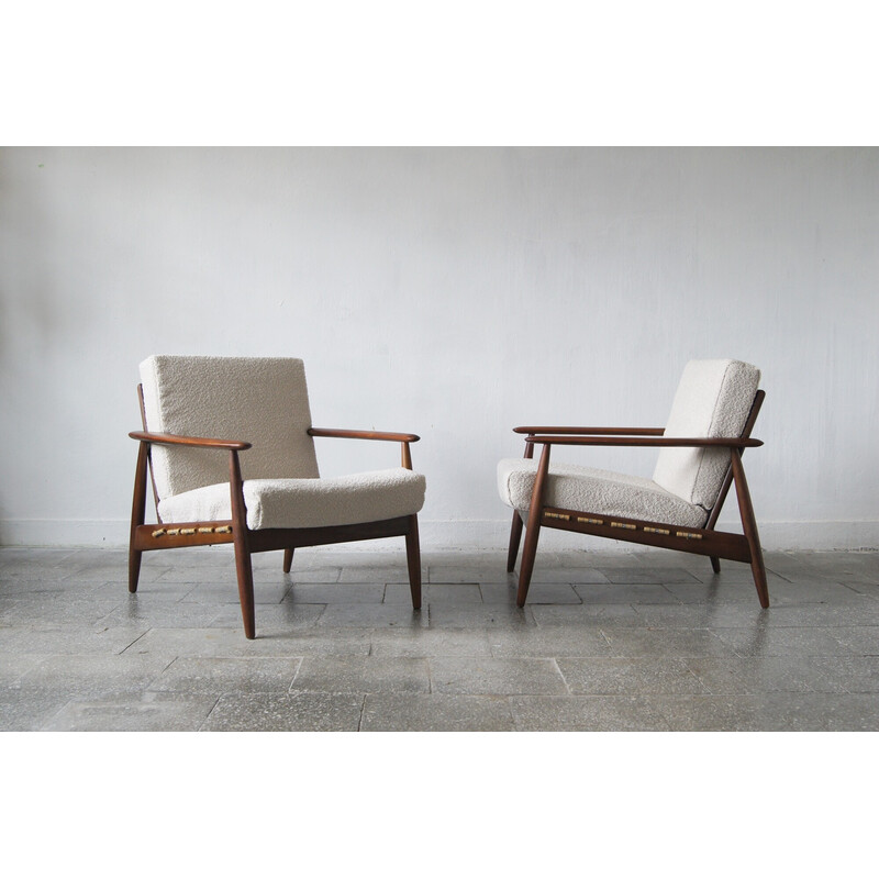 Pair of vintage Danish teak armchairs with upholstered