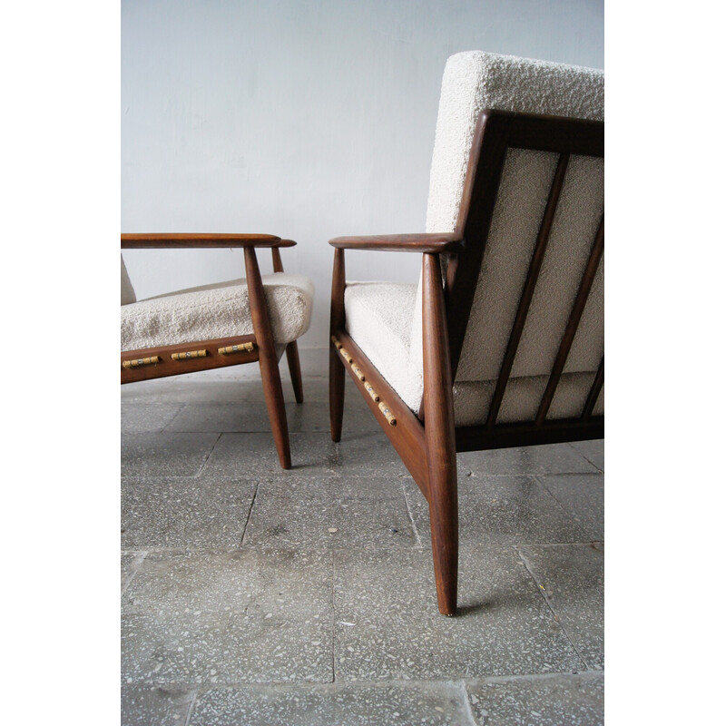 Pair of vintage Danish teak armchairs with upholstered