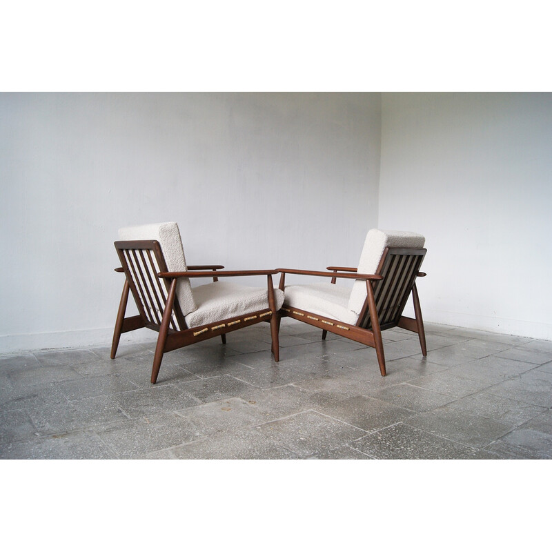 Pair of vintage Danish teak armchairs with upholstered