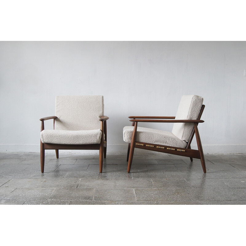 Pair of vintage Danish teak armchairs with upholstered