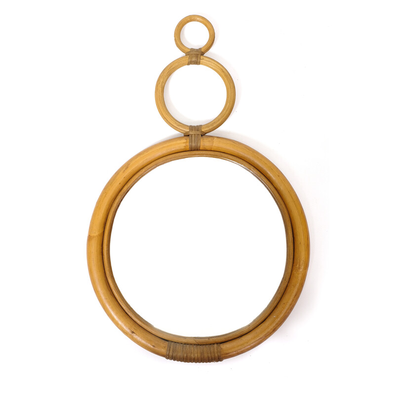 Miroir rond vintage en bambou, 1970