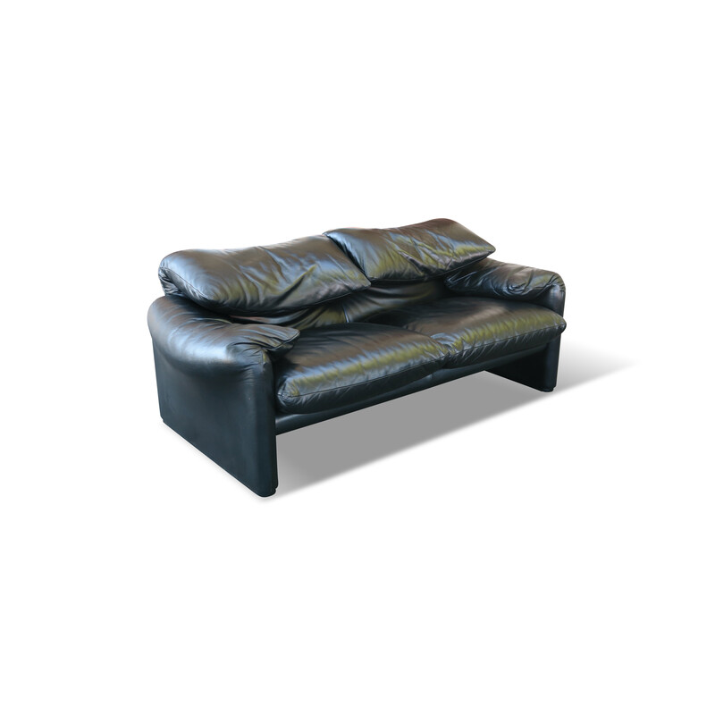 "Maralunga" vintage sofa in black leather by Vico Magistretti for Cassina