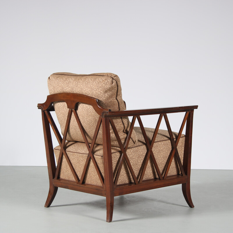 Fauteuil vintage en bois marron courbé avec capitonnage, France 1950