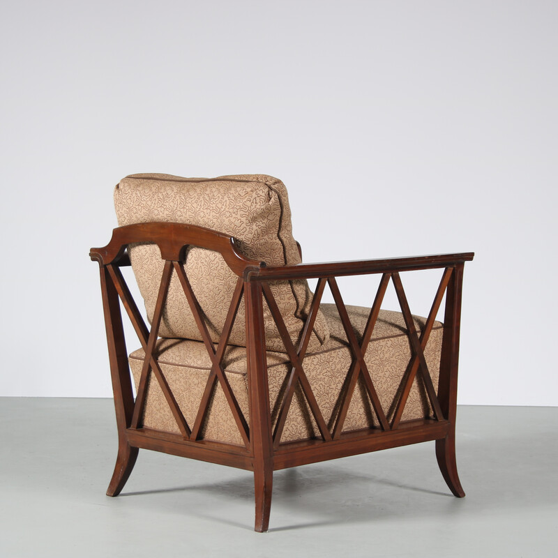 Bruine gebogen houten fauteuil met bekleding, Frankrijk 1950