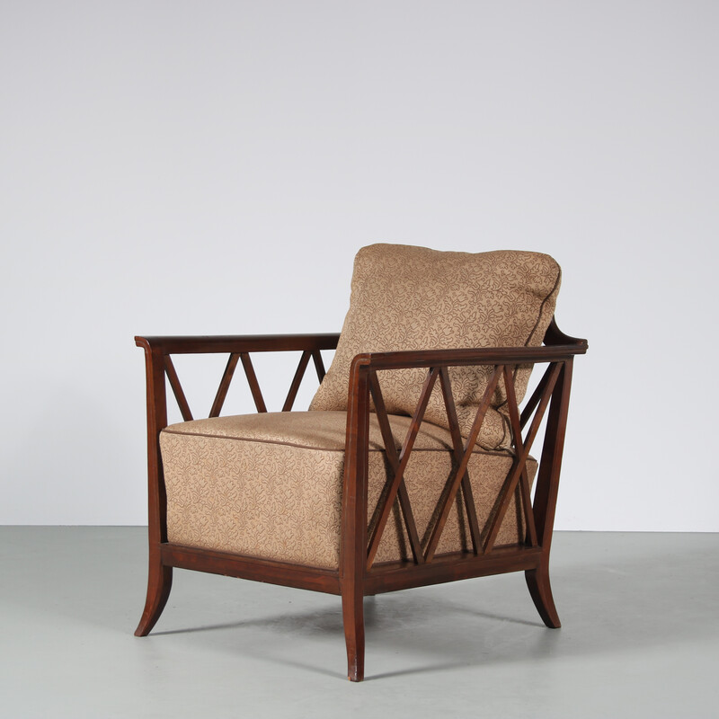 Fauteuil vintage en bois marron courbé avec capitonnage, France 1950