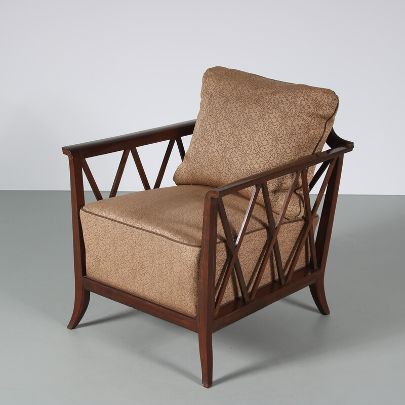 Bruine gebogen houten fauteuil met bekleding, Frankrijk 1950