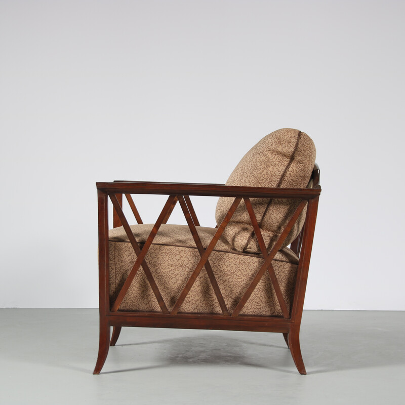 Bruine gebogen houten fauteuil met bekleding, Frankrijk 1950