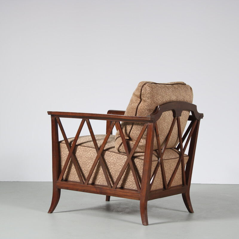 Fauteuil vintage en bois marron courbé avec capitonnage, France 1950