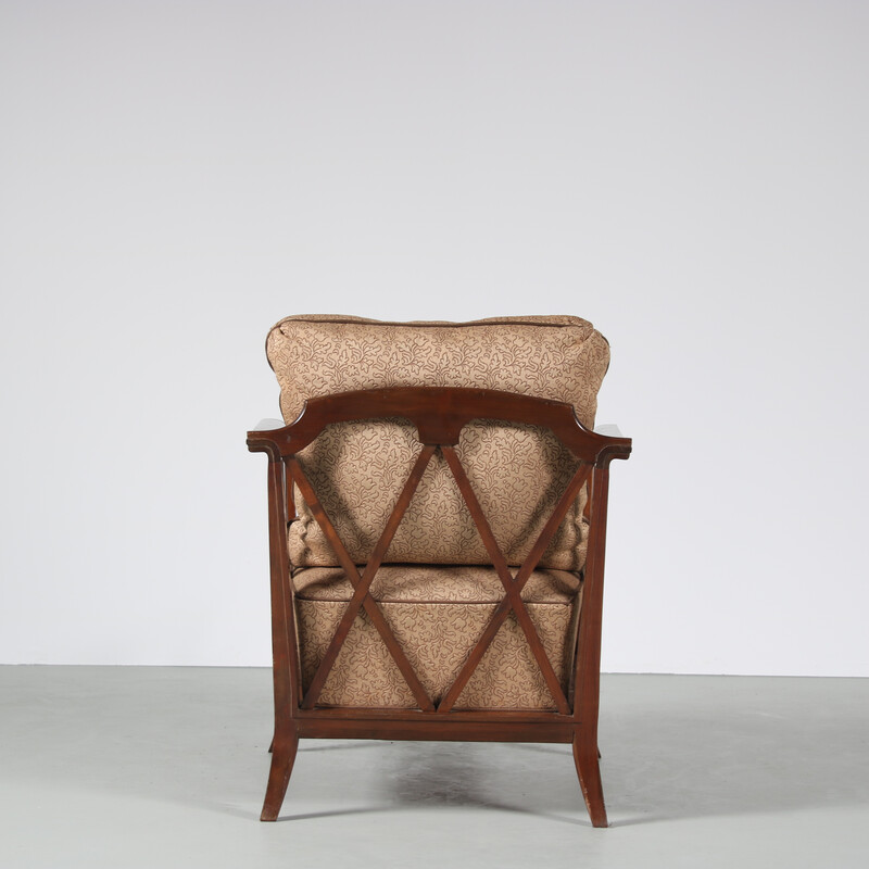 Bruine gebogen houten fauteuil met bekleding, Frankrijk 1950