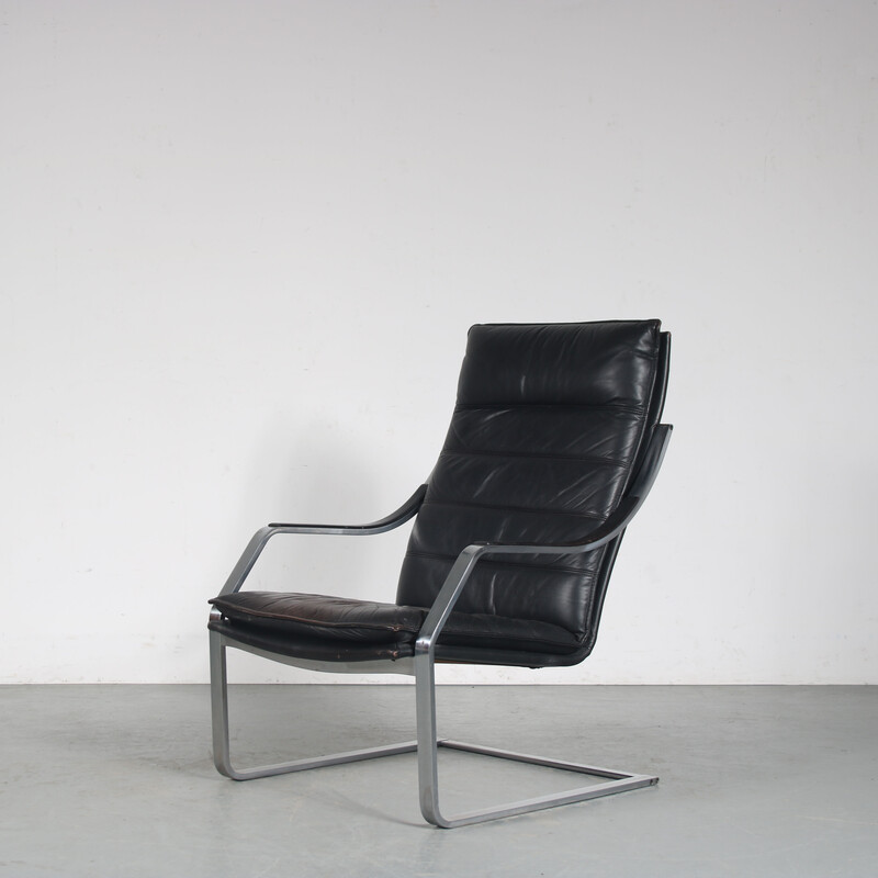 Fauteuil vintage en chrome et cuir noir par Rudolph Glatzl pour Walter Knoll, Allemagne 1970