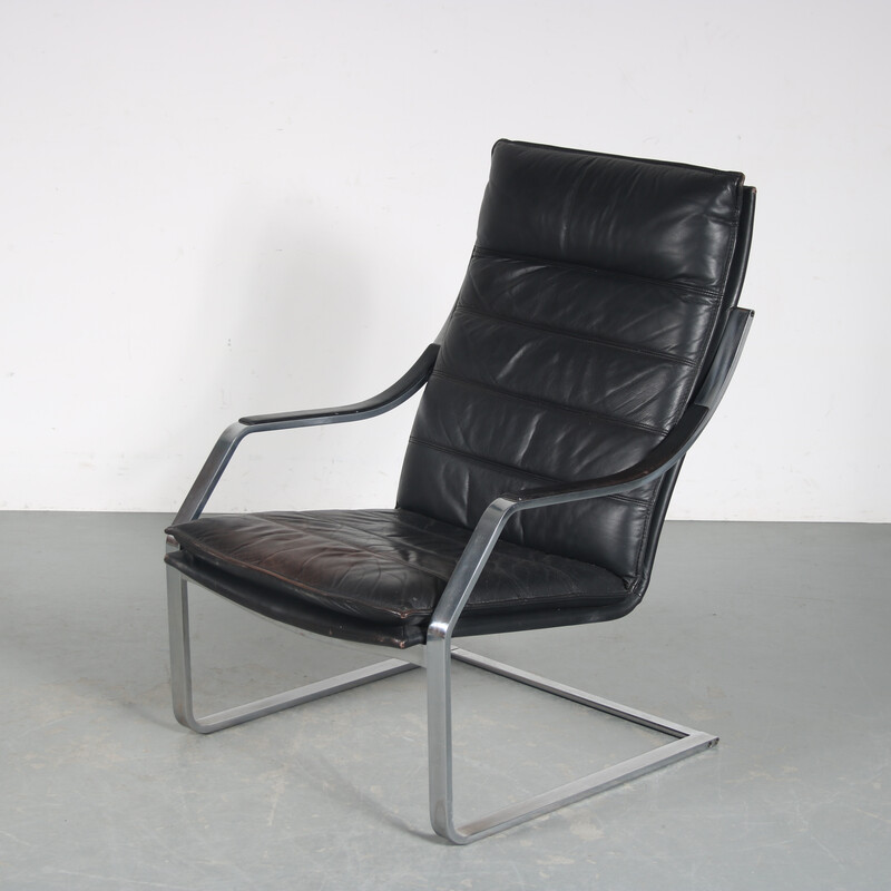 Poltrona vintage in cromo e pelle nera di Rudolph Glatzl per Walter Knoll, Germania 1970