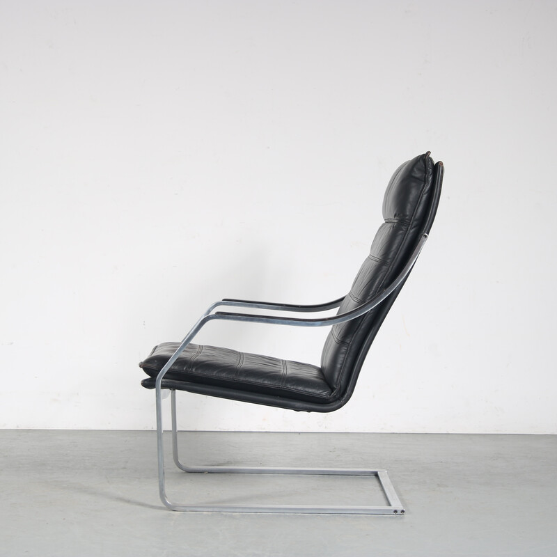 Poltrona vintage in cromo e pelle nera di Rudolph Glatzl per Walter Knoll, Germania 1970