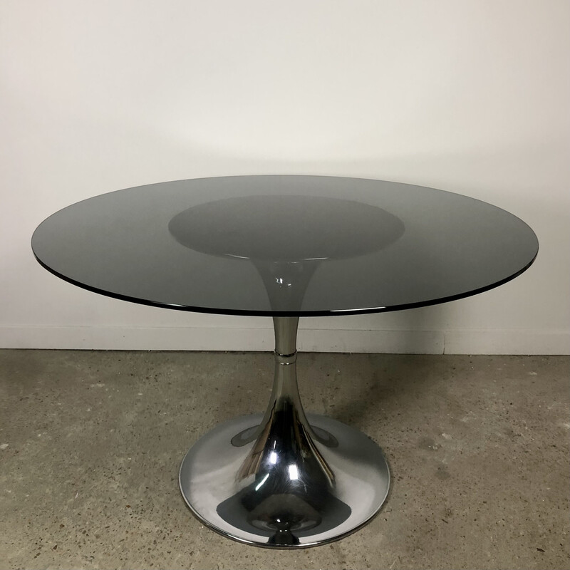 Table tulipe ronde vintage en chrome et verre fumé, 1970