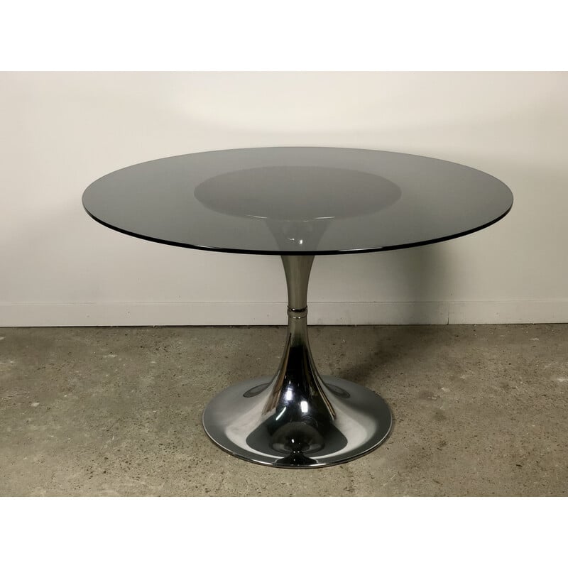 Table tulipe ronde vintage en chrome et verre fumé, 1970